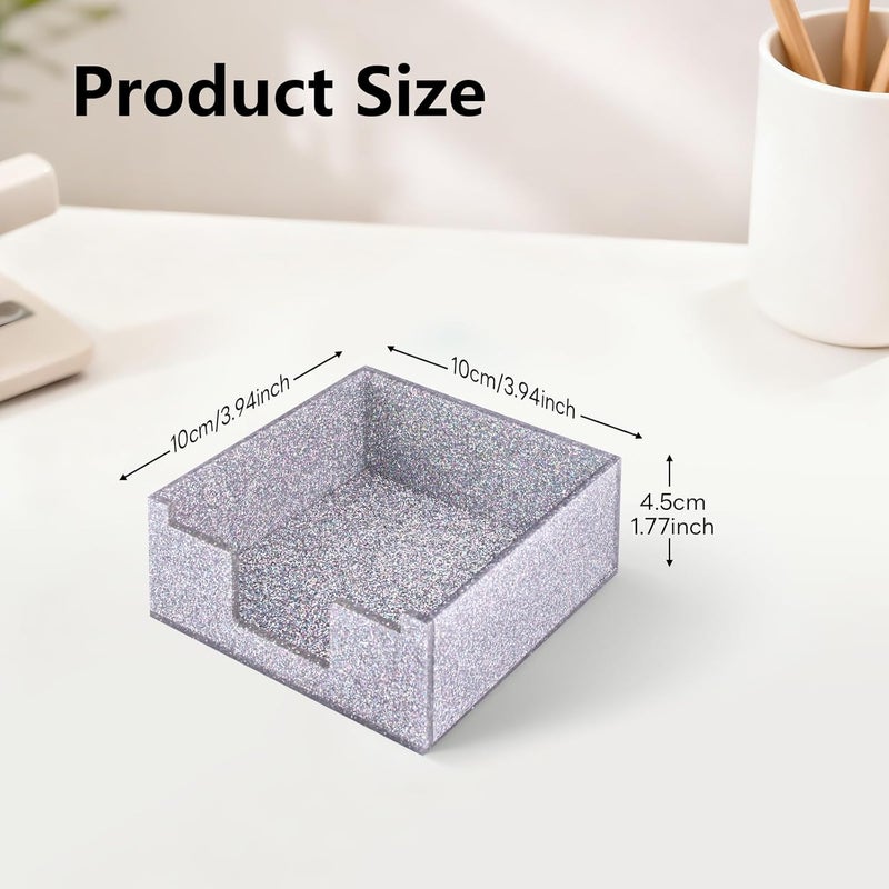 Luminzo Silver Sparkling Sticky Note Holder, Glitter Acrylic Organizer, 3.94 x 3.94 in Multi-Use Tray for Office, School & Home Desk - Image 2